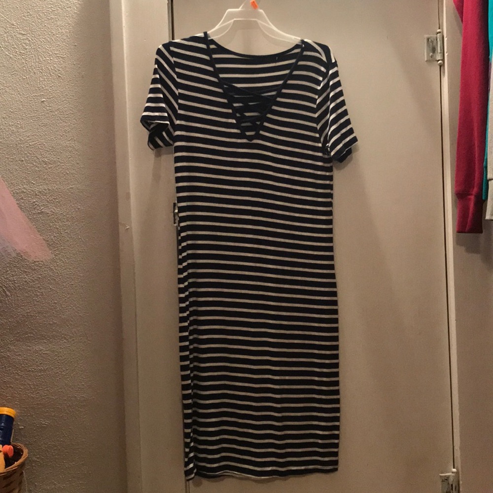 Navy blue and white t-shirt dress.